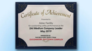 Tier One Aztec Awarded Safety Achievement Award by ExxonMobil Baytown