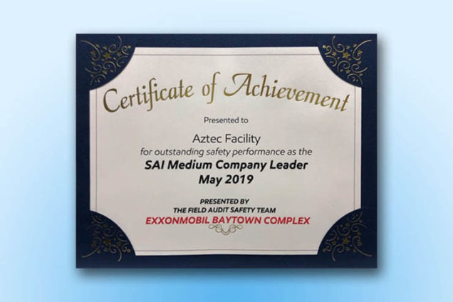 Tier One Aztec Awarded Safety Achievement Award by ExxonMobil Baytown
